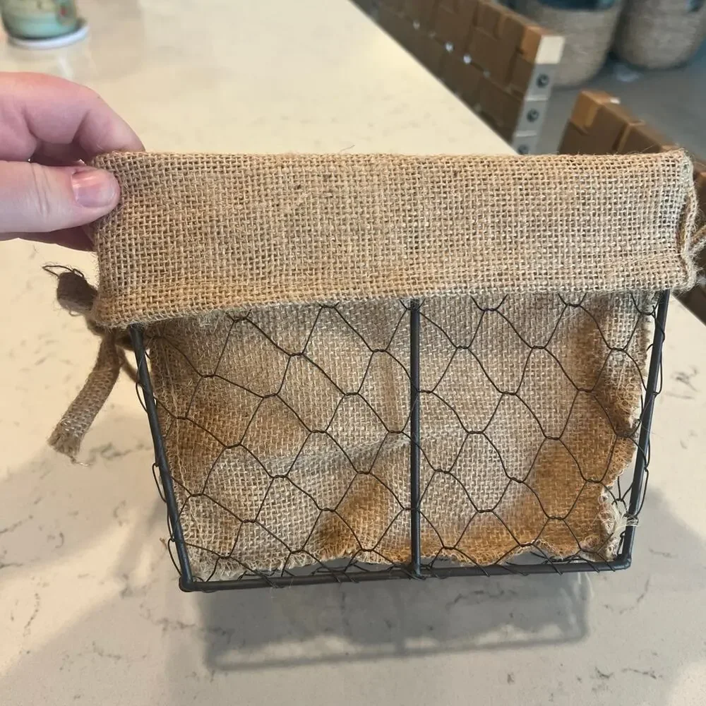 Small chicken wire basket with burlap liner